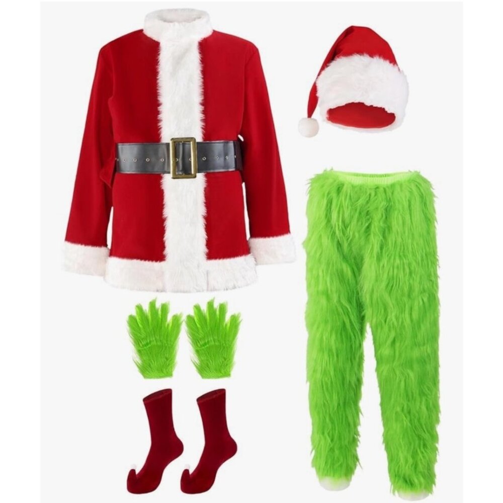 Grinch Christmas Costume Green Furry Monster Suit Adult Size XL   #3595